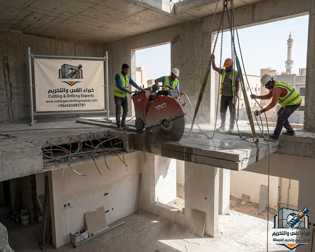 قص أسقف خرسانية مكة المكرمة باستخدام أحدث تقنيات القص الماسي لفتح الأسقف وتنفيذ المناور والمصاعد والسلالم بدون التأثير على سلامة المبنى